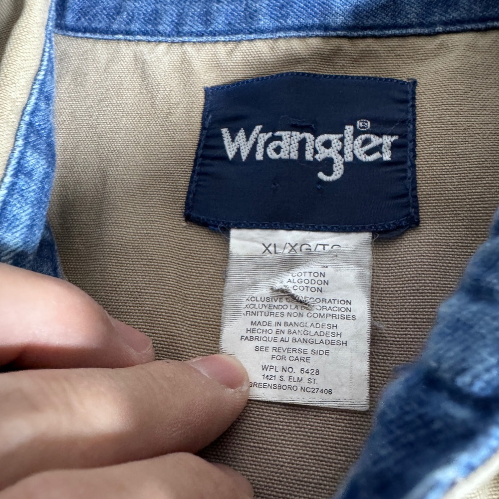 Wrangler Western Shirt Mens XL Tan Blue Colorblock Denim Sleeve Snap Button Down - Picture 3 of 4